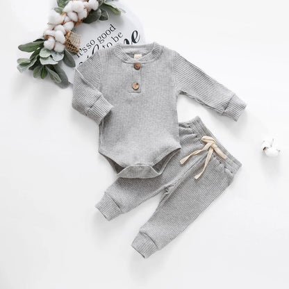 Conjunto de ropa para bebé recién nacido – Body de manga larga acanalado y a cuadros con pantalones elásticos, conjunto de 2 piezas de primavera y otoño para bebés y niñas, conjunto de ropa suave e informal para niños pequeños
