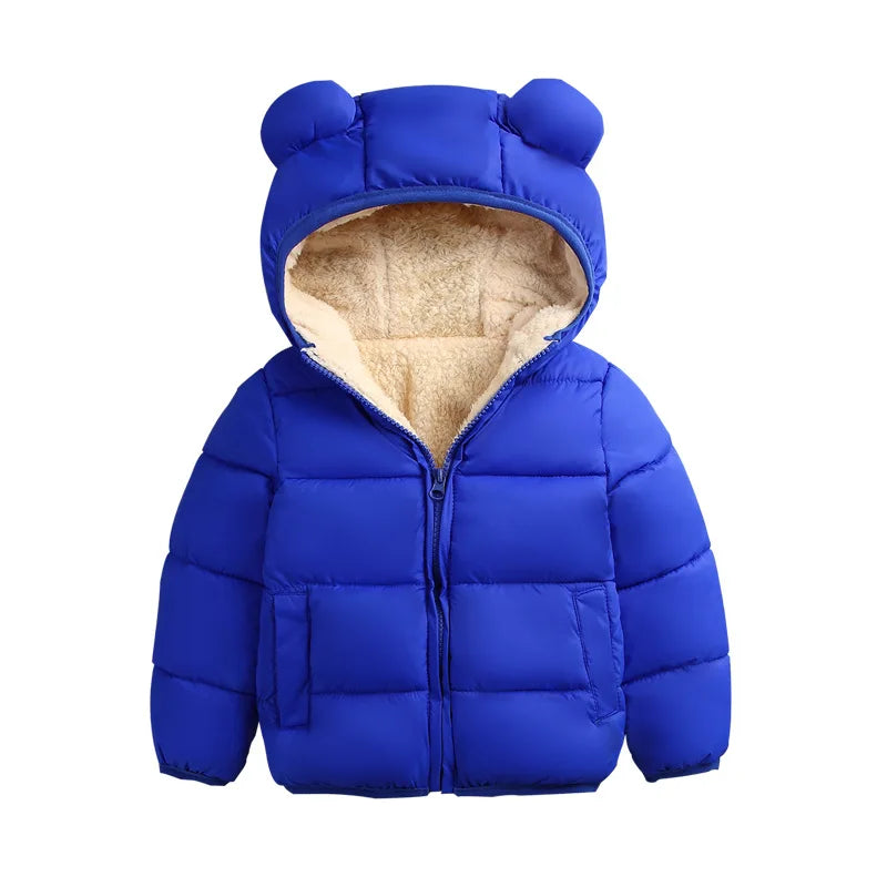 Baby Winter Hooded Down Jacket, Cute Ear Design Padded Snowsuit for Boys and Girls, Warm Solid Color Kids Coat and Cold Weather Outerwear