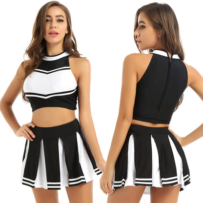 Women’s Cheerleader Cosplay Costume – Uniform Set (Crop Top + Mini Pleated Skirt, Carnival Outfit)
