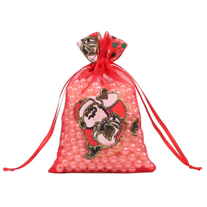 50PCS Santa Claus Christmas Organza Gift Bags – 10×15CM & 13×18CM Drawstring Jewelry & Favor Bags for Xmas Gift Packaging