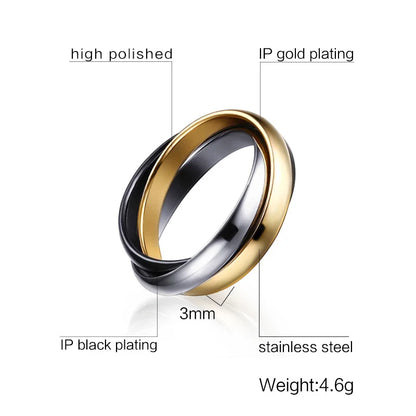 Stainless Steel Interlocked Triple Ring – Three-in-One Multi-Color Wedding Band for Women | Stackable Fashion Ring