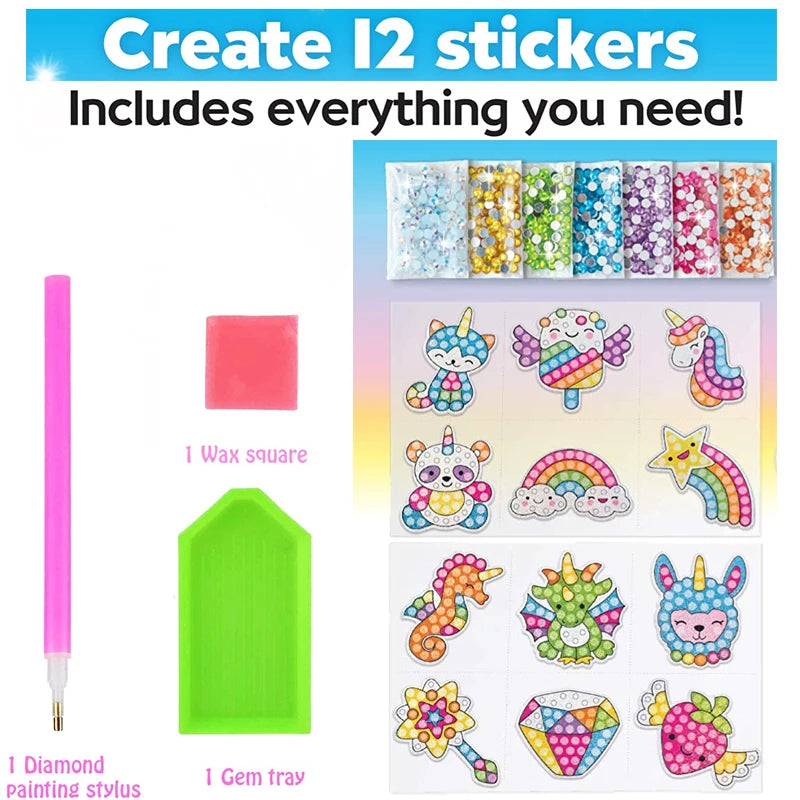 Kit de pegatinas de pintura de diamantes grandes de 12 piezas – Manualidades de mosaico de unicornio, animales y vida marina para niños