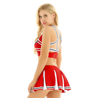 Women’s Cheerleader Cosplay Costume – Uniform Set (Crop Top + Mini Pleated Skirt, Carnival Outfit)