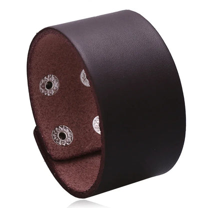 Modyle Wide Genuine Leather Cuff Bracelet – Vintage Brown & Black Punk Wristband for Men | Retro Fashion Jewelry Accessory