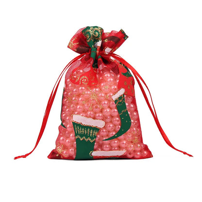 50PCS Santa Claus Christmas Organza Gift Bags – 10×15CM & 13×18CM Drawstring Jewelry & Favor Bags for Xmas Gift Packaging