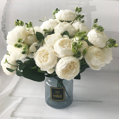 Bouquet de pivoines artificielles roses 30 cm – Fleurs en soie synthétiques avec 5 grandes fleurs et 4 bourgeons pour décoration de mariage, décoration intérieure, arrangements floraux et projets DIY