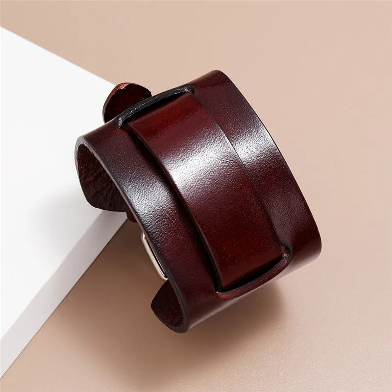 Modyle Wide Genuine Leather Cuff Bracelet – Vintage Brown & Black Punk Wristband for Men | Retro Fashion Jewelry Accessory