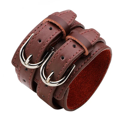 Modyle Wide Genuine Leather Cuff Bracelet – Vintage Brown & Black Punk Wristband for Men | Retro Fashion Jewelry Accessory