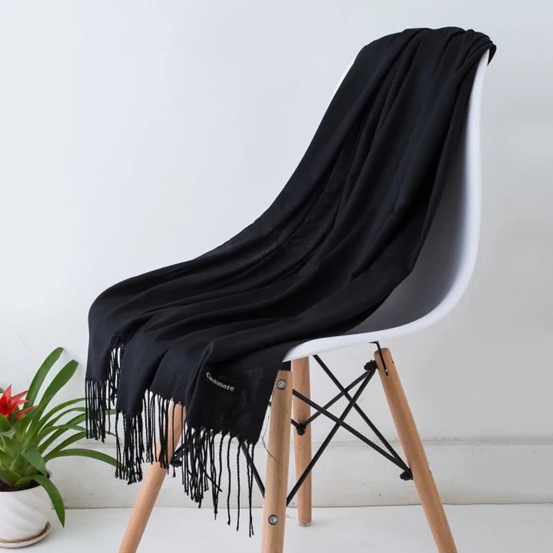Bufanda de cachemira sólida para mujer – Chal Pashmina cálido de otoño invierno con diseño de borlas, accesorio de moda Foulard para hombres y mujeres