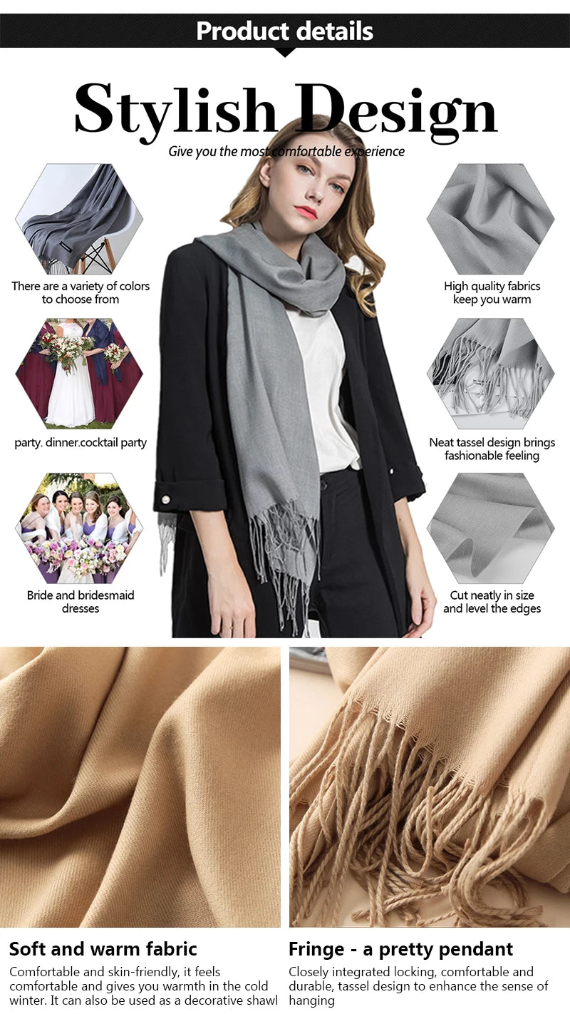 Bufanda de cachemira sólida para mujer – Chal Pashmina cálido de otoño invierno con diseño de borlas, accesorio de moda Foulard para hombres y mujeres