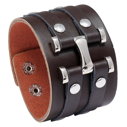 Modyle Wide Genuine Leather Cuff Bracelet – Vintage Brown & Black Punk Wristband for Men | Retro Fashion Jewelry Accessory