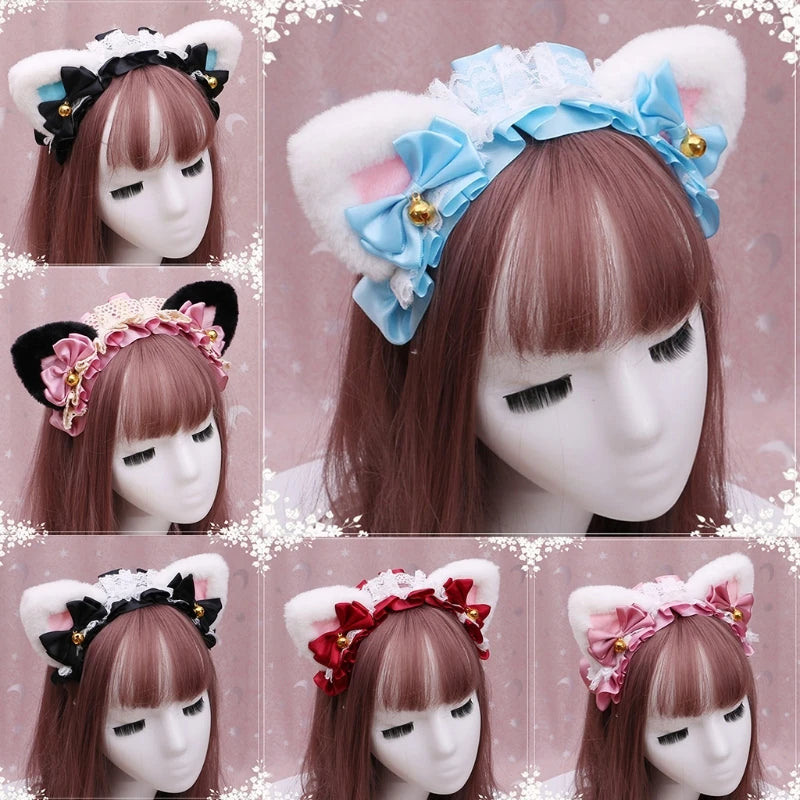 Cute Anime Lolita Cat Ear Headband, Plush Animal Ears with Ruffled Lace, Ribbon Bow and Bell, Kawaii Cosplay Hair Hoop for Masquerade, Costume Parties, and Daily Wear