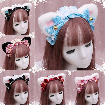 Cute Anime Lolita Cat Ear Headband, Plush Animal Ears with Ruffled Lace, Ribbon Bow and Bell, Kawaii Cosplay Hair Hoop for Masquerade, Costume Parties, and Daily Wear