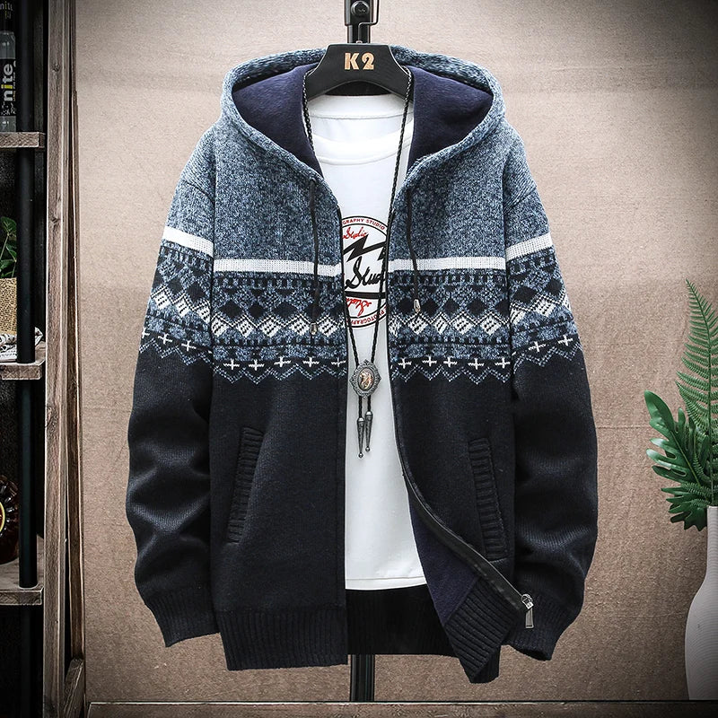 Men's Winter Plaid Hooded Cardigan Sweater Jacket Fleece Lined Warm Zipper Coat Checkered Knit Jumper for Autumn and Winter