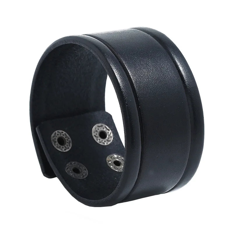 Modyle Wide Genuine Leather Cuff Bracelet – Vintage Brown & Black Punk Wristband for Men | Retro Fashion Jewelry Accessory