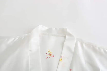 Silk Satin Floral Wedding Robe – Bride Bridesmaid Short Kimono Bathrobe Dressing Gown for Women