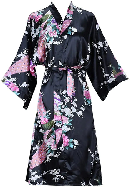 Silk Satin Floral Wedding Robe – Bride Bridesmaid Short Kimono Bathrobe Dressing Gown for Women