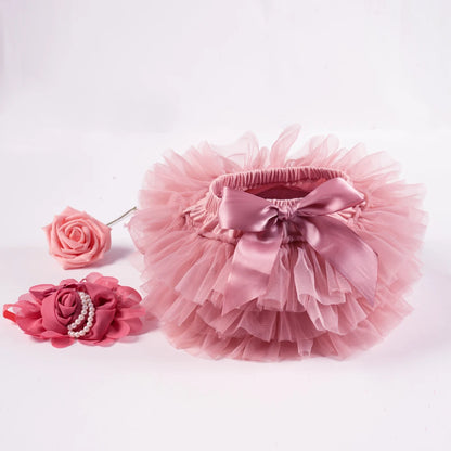 2PCS Baby Girls' Tulle Tutu Bloomers Set – Newborn Diaper Cover Skirt with Matching Headband, Rainbow Princess Outfit for Infants