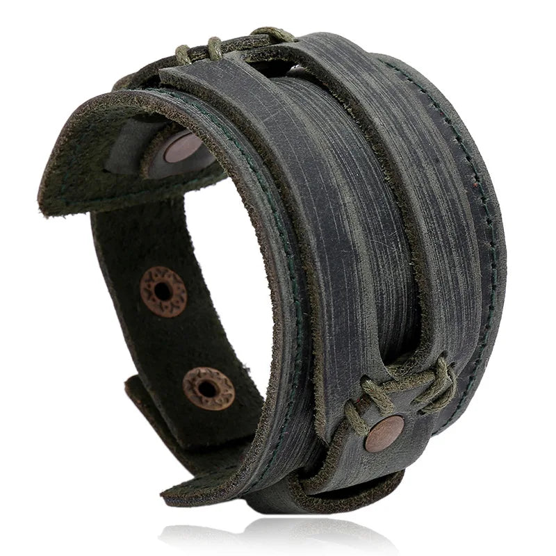 Modyle Wide Genuine Leather Cuff Bracelet – Vintage Brown & Black Punk Wristband for Men | Retro Fashion Jewelry Accessory