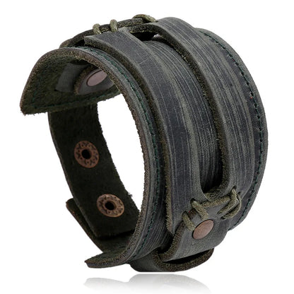 Modyle Wide Genuine Leather Cuff Bracelet – Vintage Brown & Black Punk Wristband for Men | Retro Fashion Jewelry Accessory