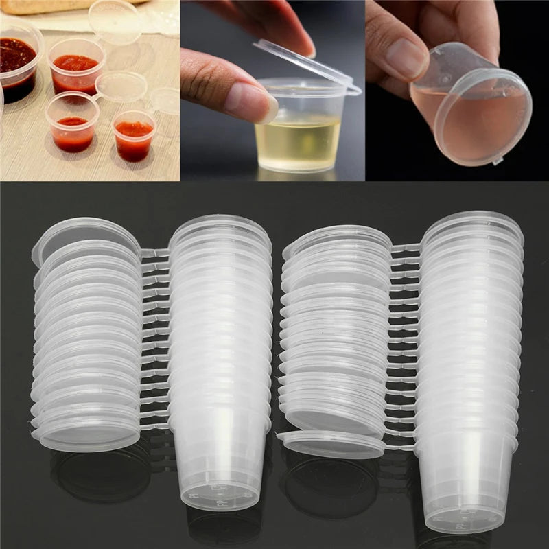 30 Envases Desechables para Salsas – Recipientes de Plástico de 30ml/50ml/100ml con Tapa Abatible, Vasos Reutilizables para Condimentos, Contenedores de Almacenamiento y Cajas para Mezclar Pintura para Cocina, Manualidades y Organización