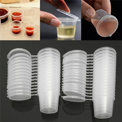 30 Envases Desechables para Salsas – Recipientes de Plástico de 30ml/50ml/100ml con Tapa Abatible, Vasos Reutilizables para Condimentos, Contenedores de Almacenamiento y Cajas para Mezclar Pintura para Cocina, Manualidades y Organización