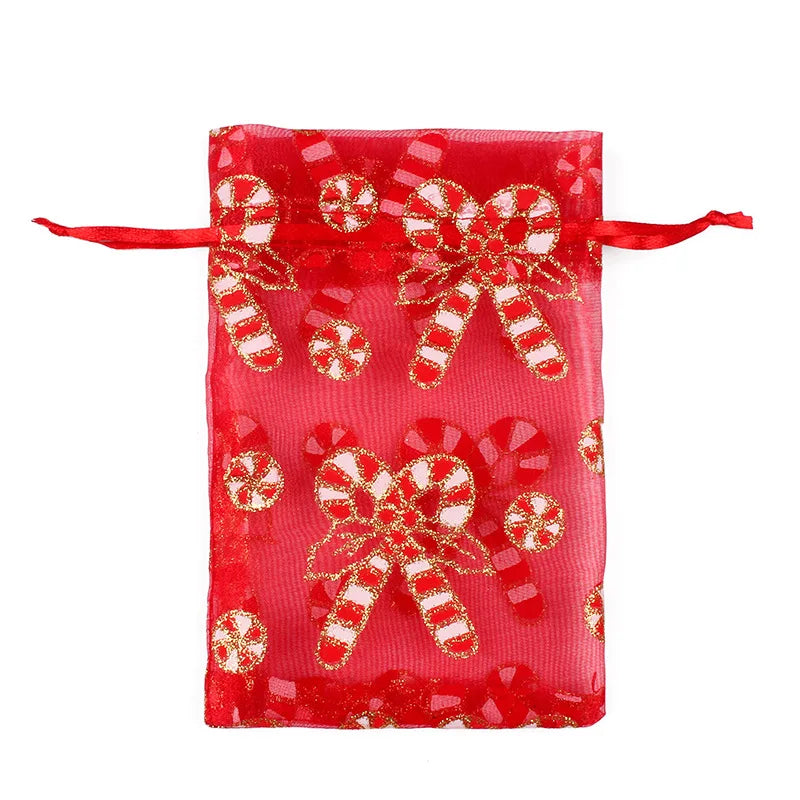 50PCS Santa Claus Christmas Organza Gift Bags – 10×15CM & 13×18CM Drawstring Jewelry & Favor Bags for Xmas Gift Packaging