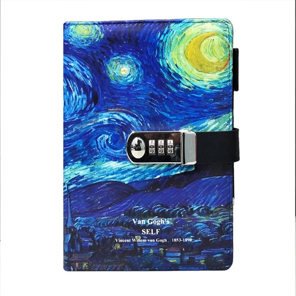 Password Lock Diary Notebook – Van Gogh Starry Night & Apricot Blossom Cover, 260-Page Secret Journal for Students & Kids