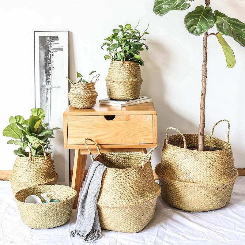 Cesta de mimbre de algas marinas Zerolife – Maceta colgante de ratán natural, cesto de ropa sucia, cesta de pícnic y cesta organizadora para el hogar Cesta Mimbre para plantas, ropa y decoración