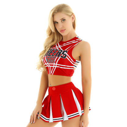 Women’s Cheerleader Cosplay Costume – Uniform Set (Crop Top + Mini Pleated Skirt, Carnival Outfit)