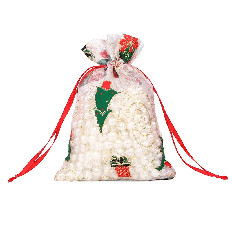 50PCS Santa Claus Christmas Organza Gift Bags – 10×15CM & 13×18CM Drawstring Jewelry & Favor Bags for Xmas Gift Packaging