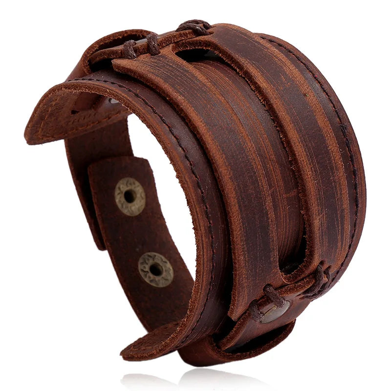 Modyle Wide Genuine Leather Cuff Bracelet – Vintage Brown & Black Punk Wristband for Men | Retro Fashion Jewelry Accessory