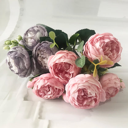 Bouquet de pivoines artificielles roses 30 cm – Fleurs en soie synthétiques avec 5 grandes fleurs et 4 bourgeons pour décoration de mariage, décoration intérieure, arrangements floraux et projets DIY