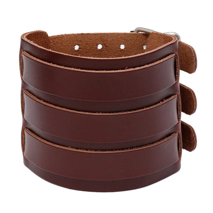 Modyle Wide Genuine Leather Cuff Bracelet – Vintage Brown & Black Punk Wristband for Men | Retro Fashion Jewelry Accessory