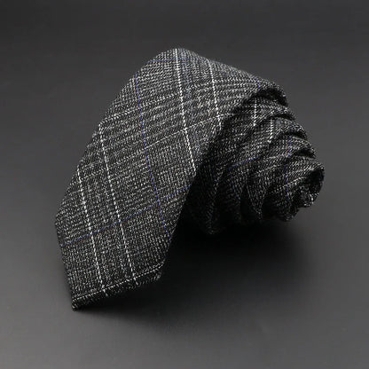 Men's 6cm Handmade Cotton Skinny Plaid Necktie – Slim Striped Grey Tie for Business, Casual & Wedding Wear