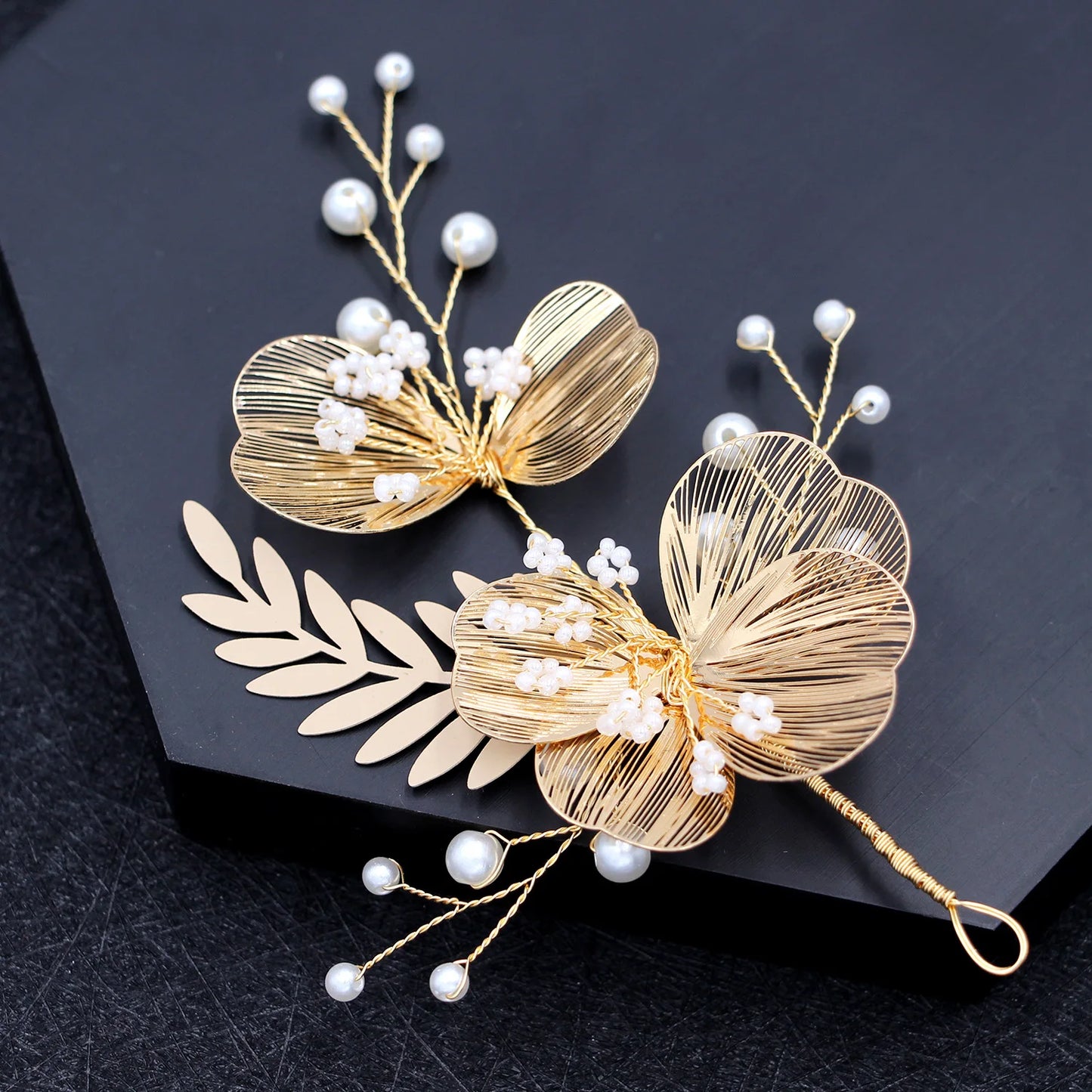 Vintage Gold Floral Bridal Headband with Pearls – Fairy Wedding Tiara for Brides, Prom & Special Occasions