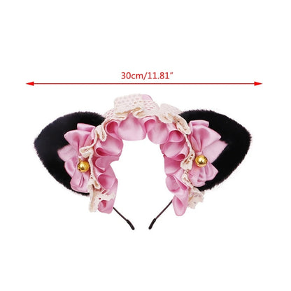 Cute Anime Lolita Cat Ear Headband, Plush Animal Ears with Ruffled Lace, Ribbon Bow and Bell, Kawaii Cosplay Hair Hoop for Masquerade, Costume Parties, and Daily Wear