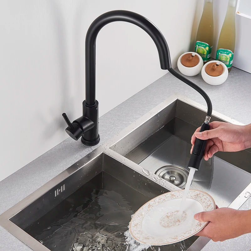 Black Kitchen Faucet – Single-Handle Pull-Out Mixer Tap with 2-Function Spray, Hot & Cold Water, Deck-Mounted Sink Faucet
