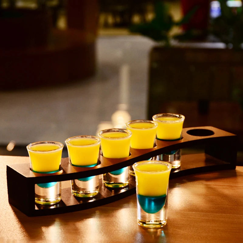 Wooden Acrylic Shot Glass Holder Rack, 6-Hole Single Row Wine Tasting Flight Tray, Shot Glass Display Stand, Bar Drink Serving Tray and Cup Storage Carrier