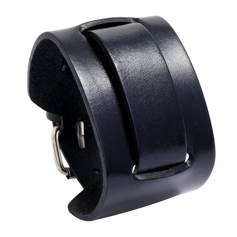 Modyle Wide Genuine Leather Cuff Bracelet – Vintage Brown & Black Punk Wristband for Men | Retro Fashion Jewelry Accessory
