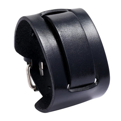 Modyle Wide Genuine Leather Cuff Bracelet – Vintage Brown & Black Punk Wristband for Men | Retro Fashion Jewelry Accessory