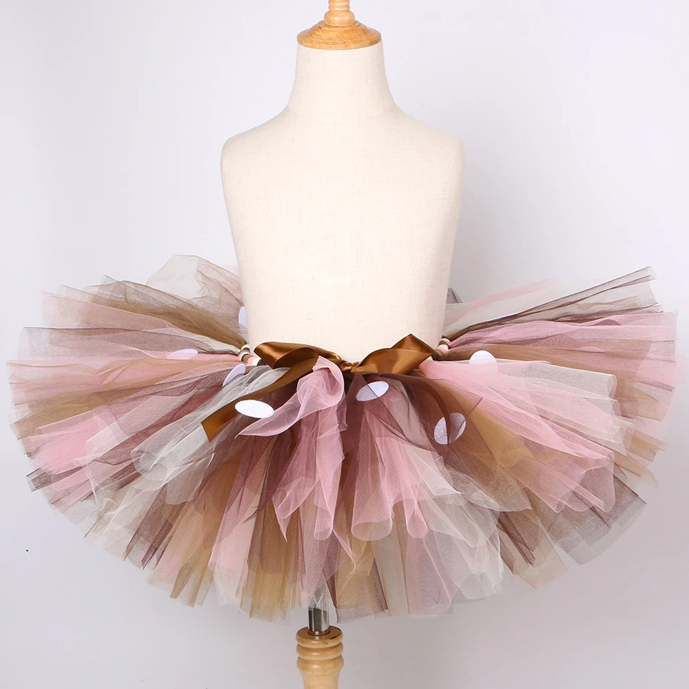 Girls Reindeer Tulle Tutu Skirt – Fluffy Brown Deer Costume for Christmas, Halloween, Carnival & Dress-Up, Ages 1–14Y