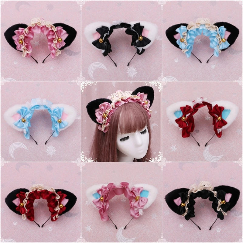 Cute Anime Lolita Cat Ear Headband, Plush Animal Ears with Ruffled Lace, Ribbon Bow and Bell, Kawaii Cosplay Hair Hoop for Masquerade, Costume Parties, and Daily Wear