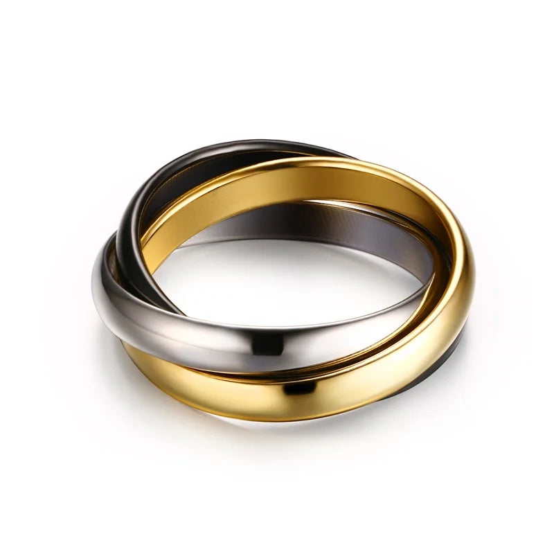 Stainless Steel Interlocked Triple Ring – Three-in-One Multi-Color Wedding Band for Women | Stackable Fashion Ring