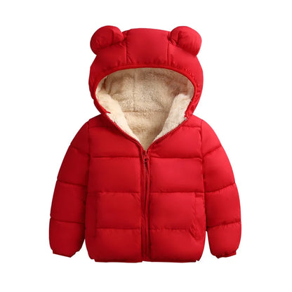 Baby Winter Hooded Down Jacket, Cute Ear Design Padded Snowsuit for Boys and Girls, Warm Solid Color Kids Coat and Cold Weather Outerwear