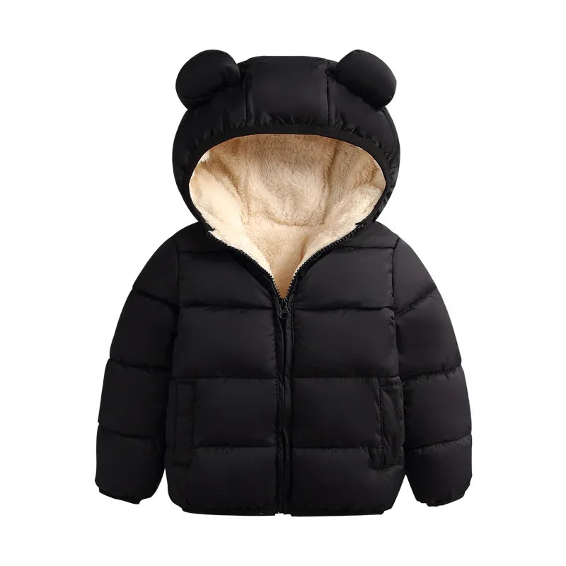 Baby Winter Hooded Down Jacket, Cute Ear Design Padded Snowsuit for Boys and Girls, Warm Solid Color Kids Coat and Cold Weather Outerwear