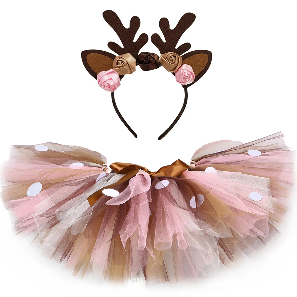 Girls Reindeer Tulle Tutu Skirt – Fluffy Brown Deer Costume for Christmas, Halloween, Carnival & Dress-Up, Ages 1–14Y