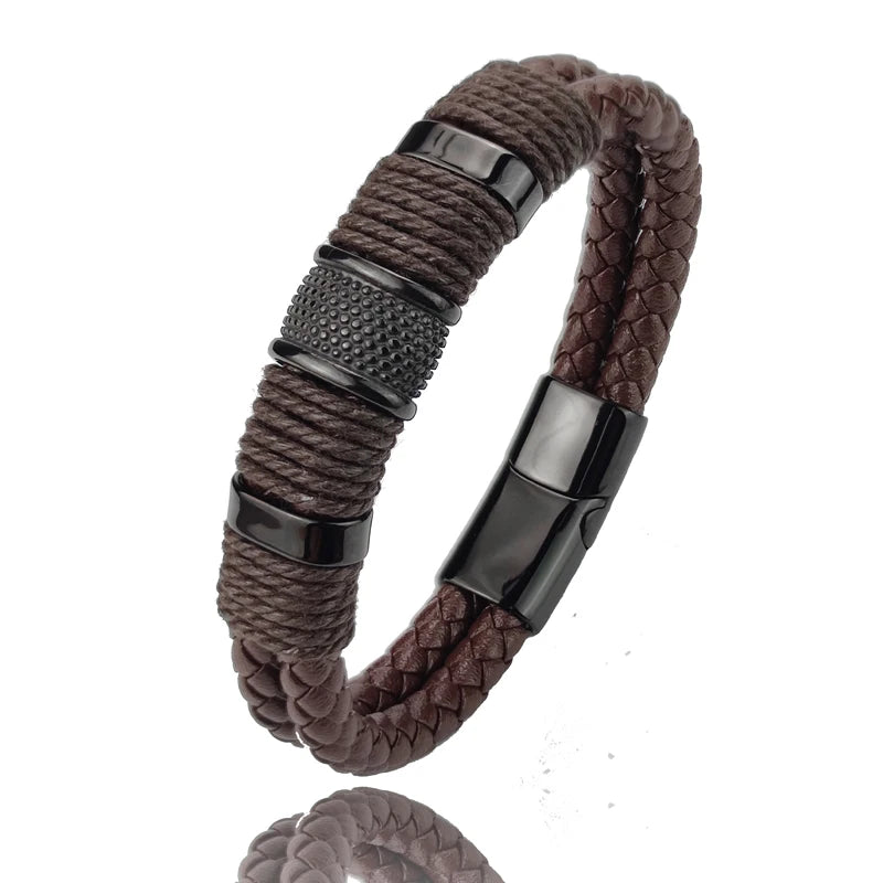 Luxury Vintage Leather Bracelet for Men – Multi-Layer Brown Leather & Stainless Steel Bead Wrist Bangle | Fashion Jewelry Gift