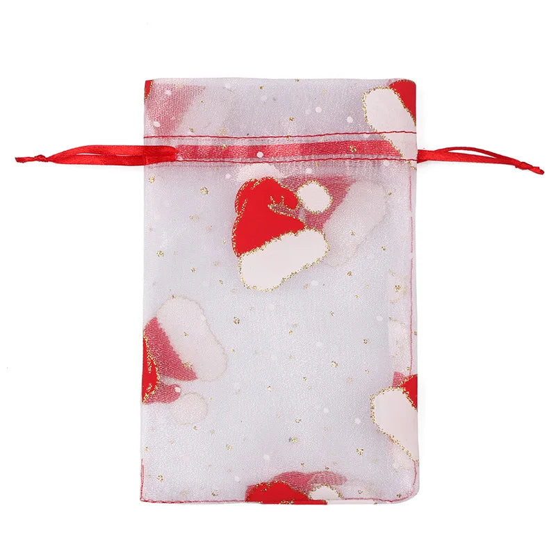 50PCS Santa Claus Christmas Organza Gift Bags – 10×15CM & 13×18CM Drawstring Jewelry & Favor Bags for Xmas Gift Packaging