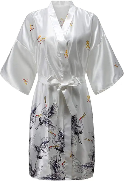 Silk Satin Floral Wedding Robe – Bride Bridesmaid Short Kimono Bathrobe Dressing Gown for Women